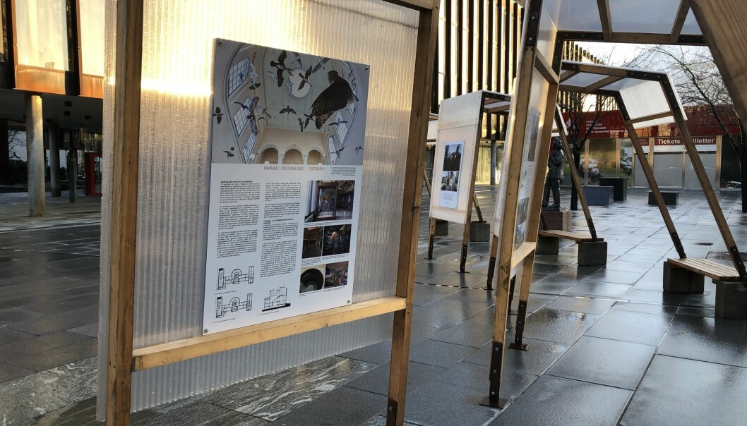 Kandidatene til kommunens Arkitektur- og byformpris, inkludert Universitetsmuseet, er presentert i en utstilling utenfor Grieghallen.