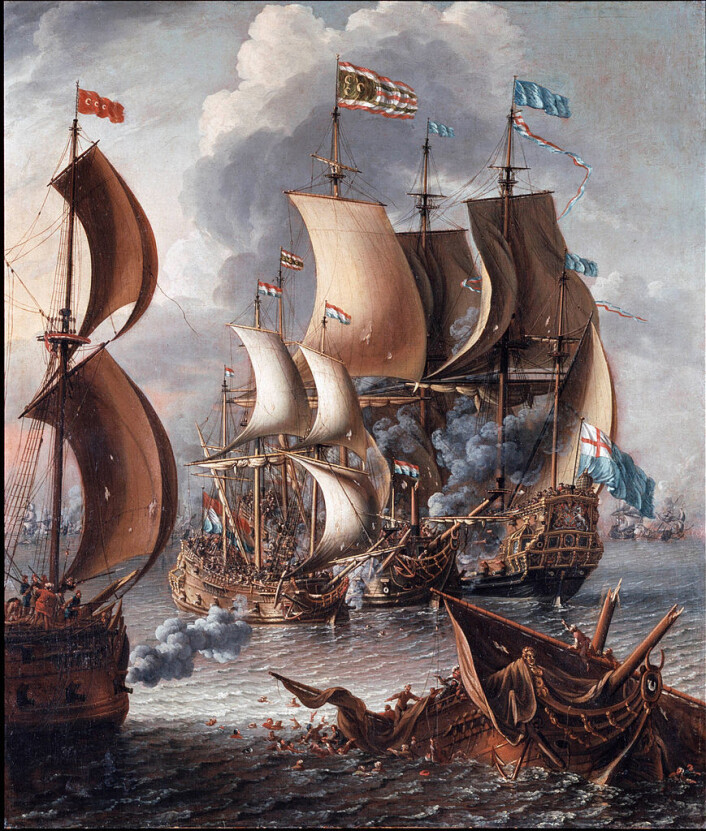 Illustrasjonen ‘Sjøkrig med barbareske korsarar’ av Lorenzo A. Castro (ca. 1664-ca. 1700). Illustrasjonen ‘Sjøkrig med barbareske korsarar’ av Lorenzo A. Castro (ca. 1664-ca. 1700).
