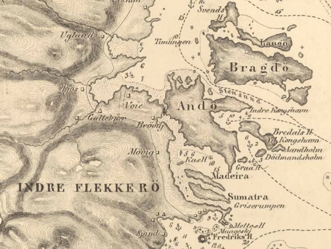 Utsnitt av oppmålingskart frå 1866 med namna Sumatra og Madeira innteikna. Utsnitt av oppmålingskart frå 1866 med namna Sumatra og Madeira innteikna.