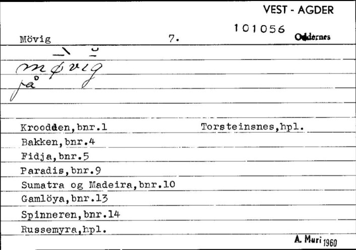 Seddel frå Bustadnamnregisteret i Språksamlingane med namna ‘Paradis’ (bruksnummer 9) samt ‘Sumatra og Madeira’ (bruksnummer 10). Seddel frå Bustadnamnregisteret i Språksamlingane med namna ‘Paradis’ (bruksnummer 9) samt ‘Sumatra og Madeira’ (bruksnummer 10).