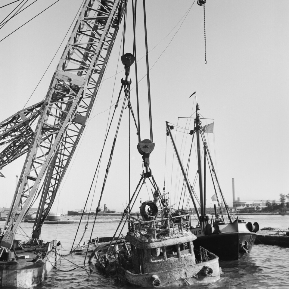 BILDE 5 AV 7: Suezkanalen, Egypt, januar 1957. UNSCO. Et skip heves fra bunnen av kanalen ved byen Port Said. UNSCO klarte å frigjøre Suezkanalen for skipsvrak og ødelagte broer i løpet av våren 1957, bl.a. med hjelp av redningsbåter fra Nederland og Tyskland. Henvisning i arkivet: ubb-jg-n-0122-08.