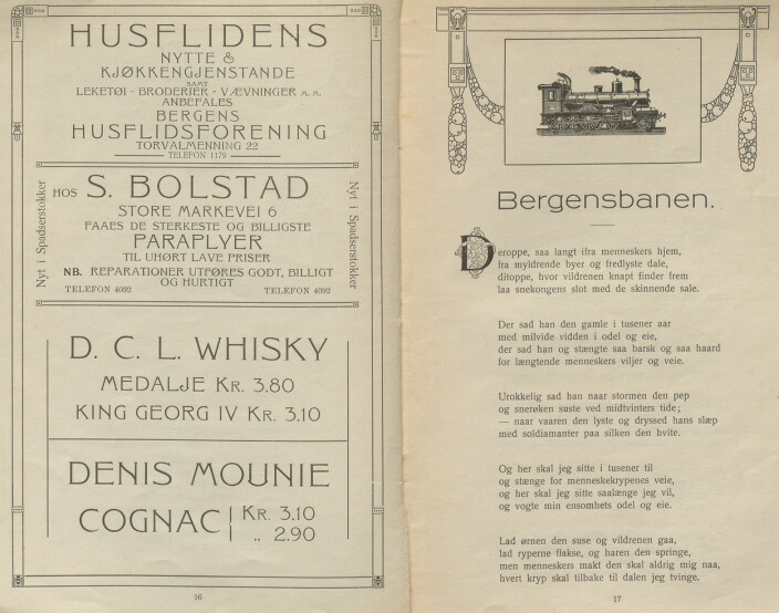 Den kreative måten Jansen brukte for å finansiere utgivelsen av en diktsamling: Annonser på en side, dikt på den andre. Fra "Bergen 1814-1914". Den kreative måten Jansen brukte for å finansiere utgivelsen av en diktsamling: Annonser på en side, dikt på den andre. Fra "Bergen 1814-1914".