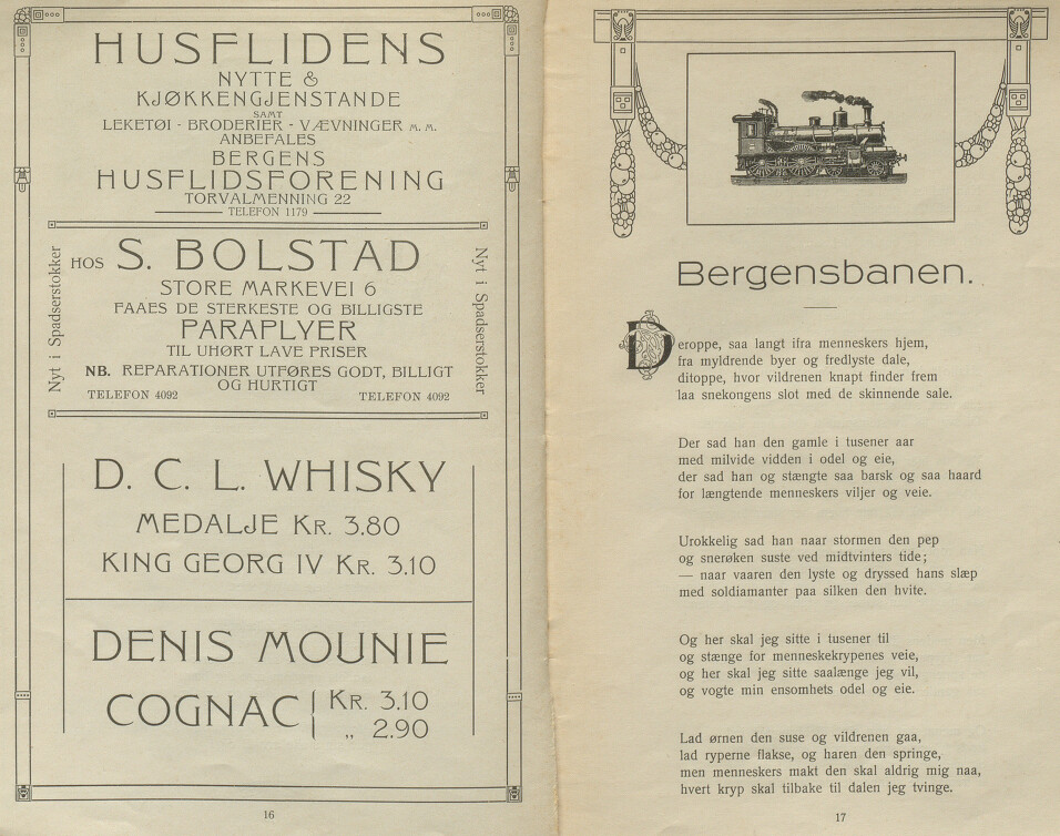 Den kreative måten Jansen brukte for å finansiere utgivelsen av en diktsamling: Annonser på en side, dikt på den andre. Fra 'Bergen 1814-1914'.
