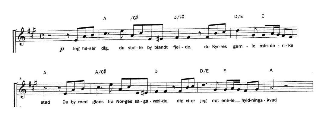 De to første linjene fra sangen «Udsigt fra Fløyen» eller «Til min By» som den også er kjent som. De to første linjene fra sangen «Udsigt fra Fløyen» eller «Til min By» som den også er kjent som.