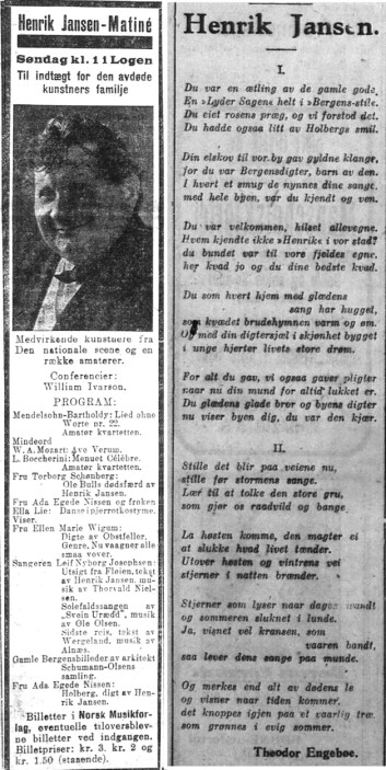Reklame for Minne-matinéen og minneord på vers. Begge stod på trykk i Bergens Tidende, lørdag 29.09.1923. Reklame for Minne-matinéen og minneord på vers. Begge stod på trykk i Bergens Tidende, lørdag 29.09.1923.