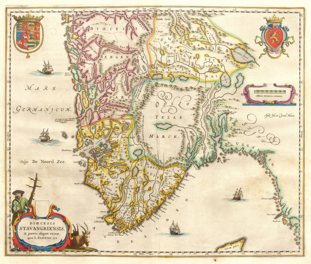 “Dioececis Stavangriensis & partes aliquot vicinæ, opera L. Scavenii, s.s.”. Den hollandske kartografen Joan Blaeu sin versjon av kartet til biskop Scavenius, her i utgåva frå storverket Atlas Major frå 1662. “Dioececis Stavangriensis & partes aliquot vicinæ, opera L. Scavenii, s.s.”. Den hollandske kartografen Joan Blaeu sin versjon av kartet til biskop Scavenius, her i utgåva frå storverket Atlas Major frå 1662.