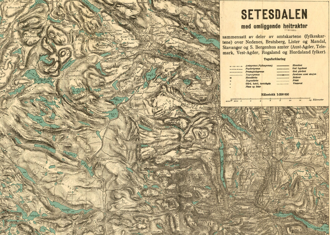 Det berykta og smått traumatiske «Setesdal med omliggende heitrakter», publisert 1940. Utsnitt. Det berykta og smått traumatiske «Setesdal med omliggende heitrakter», publisert 1940. Utsnitt.