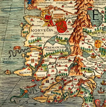 Utsnitt av det spektakulære Carta Marina frå 1539, teikna av den svenske katolske presten Olaus Magnus (1490-1557). Kartet blei trykt som tresnitt på ni kartblad, totalt 170 x 125 cm, og finst i dag i to originaleksemplar, i Uppsala og i München. Utsnitt av det spektakulære Carta Marina frå 1539, teikna av den svenske katolske presten Olaus Magnus (1490-1557). Kartet blei trykt som tresnitt på ni kartblad, totalt 170 x 125 cm, og finst i dag i to originaleksemplar, i Uppsala og i München.