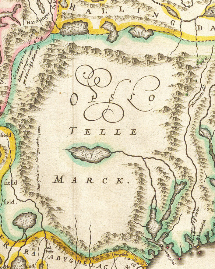 Utsnitt av Blaeu-versjonen av Scavenius-kartet, med det fråverande Telemark som ein kvit flekk. Utsnitt av Blaeu-versjonen av Scavenius-kartet, med det fråverande Telemark som ein kvit flekk.