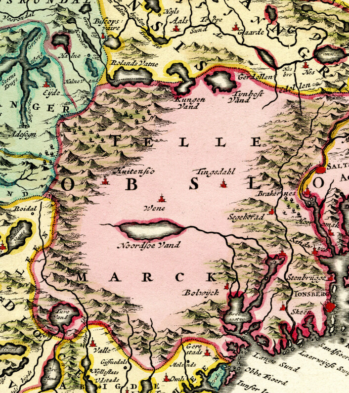 Skildringa av Telemark som terra incognita blei ein gjengangar til langt utpå 1700-talet. Utsnitt frå «Norvegia Regnum : Divisum in suos Dioeceses Nidrosiensem, Bergensem, Opsloensem, et Stavangriensem et Praefecturam Bahusiae» av den hollandske kartografen Frederick de Wit, truleg utgitt kring 1730. Skildringa av Telemark som terra incognita blei ein gjengangar til langt utpå 1700-talet. Utsnitt frå «Norvegia Regnum : Divisum in suos Dioeceses Nidrosiensem, Bergensem, Opsloensem, et Stavangriensem et Praefecturam Bahusiae» av den hollandske kartografen Frederick de Wit, truleg utgitt kring 1730.