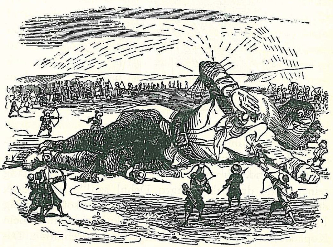 En av illustrasjonene for Gullivers reise til Lilliput forberedt av den berømte karikaturtegner J.J. Grandeville for 1840 utgaven av Swifts mesterverk. En av illustrasjonene for Gullivers reise til Lilliput forberedt av den berømte karikaturtegner J.J. Grandeville for 1840 utgaven av Swifts mesterverk.