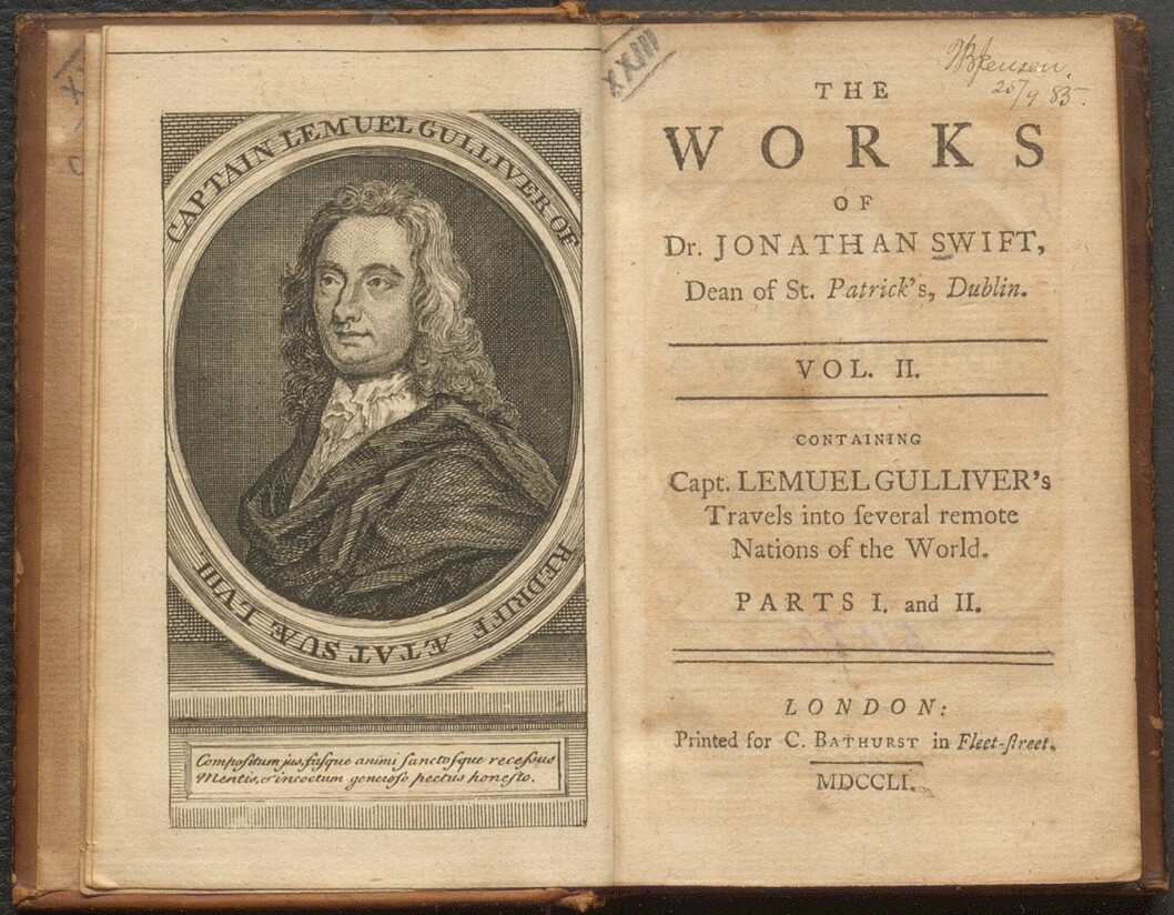 Tittelblad av Gullivers reiser fra 1751. Tittelblad av Gullivers reiser fra 1751.