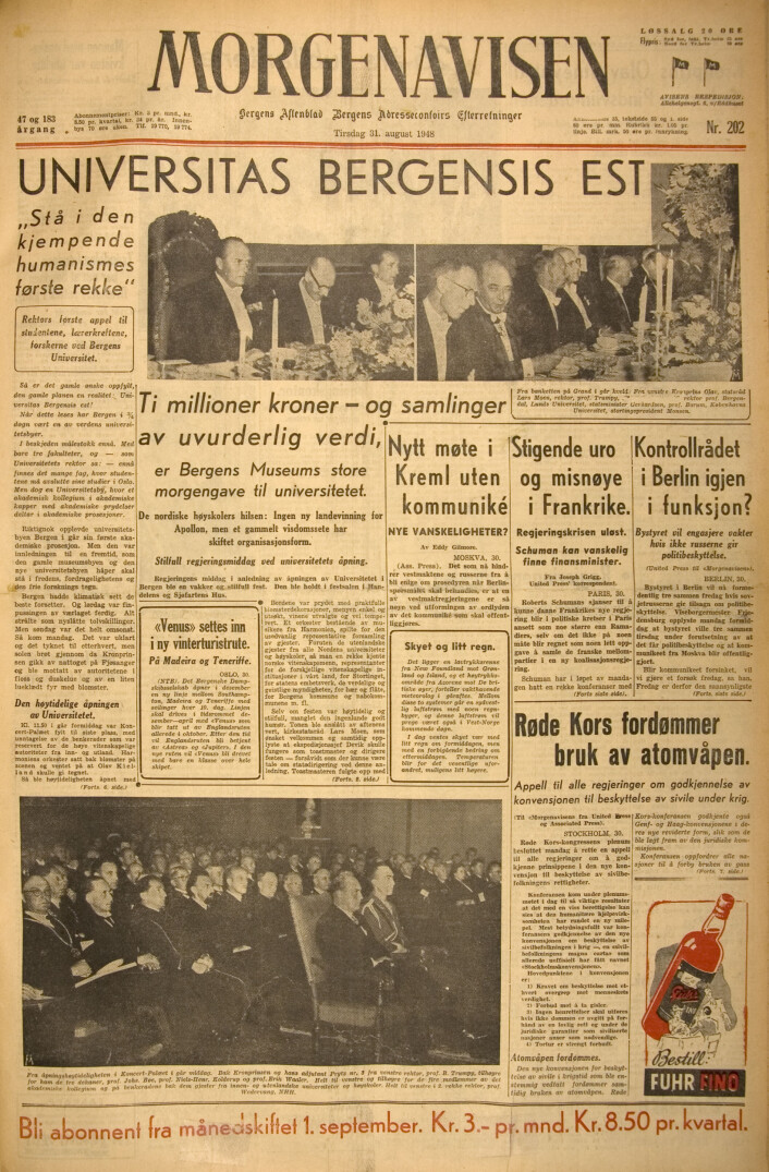 "Universitas Bergensis Est" på overskriften av Morgenavisen den 31. august 1946. "Universitas Bergensis Est" på overskriften av Morgenavisen den 31. august 1946.
