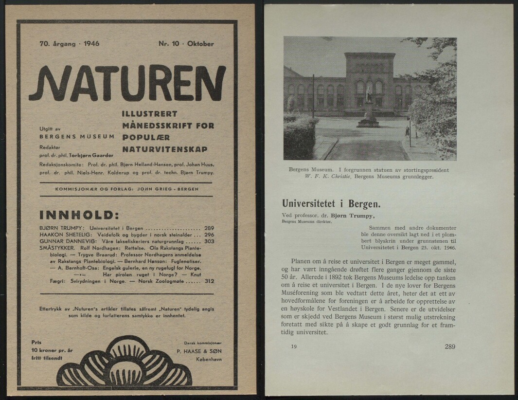 Om etableringen av Universitetet i Bergen i tidsskriftet Naturen. Om etableringen av Universitetet i Bergen i tidsskriftet Naturen.