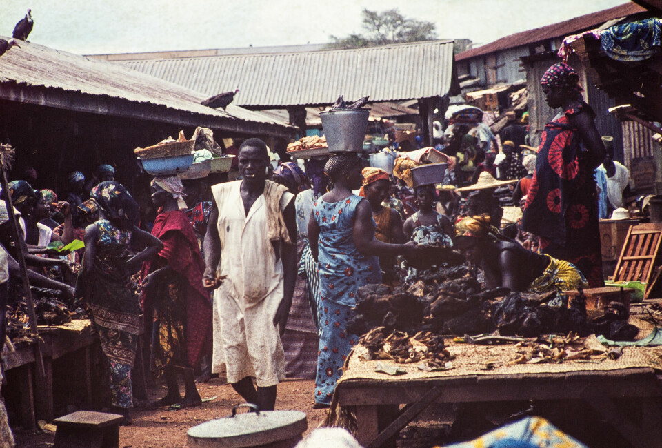 Et litt mer dystert markedsbilde fra Kumasi, med salg av bushmeat og gribber på takene (ubb-bb-l-048-48). Foto: Bjørn Berland. Billedsamlingen, UBB.