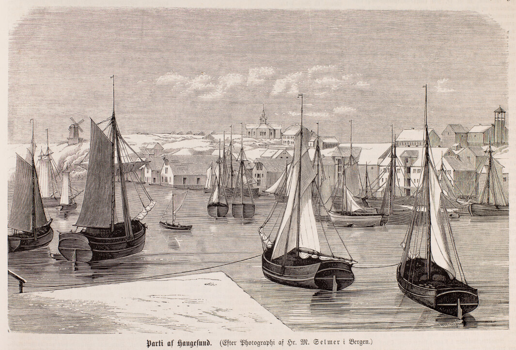 “Part af Haugesund”. Xylografi etter Marcus Selmer fotografi. Publisert i Illustreret Nyhedsblad, 1865 (UBB-BS-OK-14039). “Part af Haugesund”. Xylografi etter Marcus Selmer fotografi. Publisert i Illustreret Nyhedsblad, 1865 (UBB-BS-OK-14039).