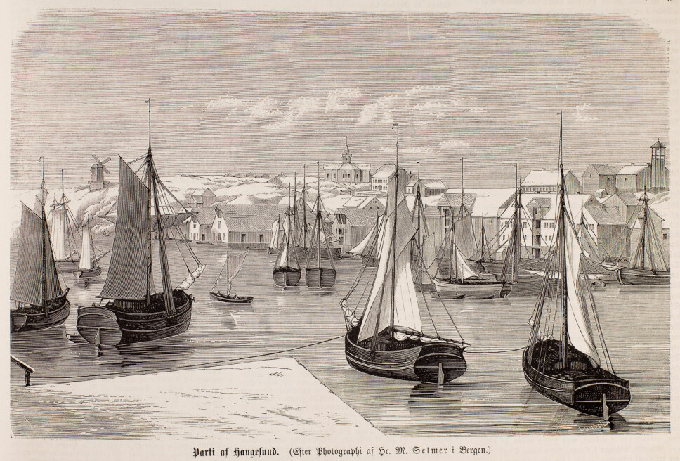 “Part af Haugesund”. Xylografi etter Marcus Selmer fotografi. Publisert i Illustreret Nyhedsblad, 1865 (UBB-BS-OK-14039).