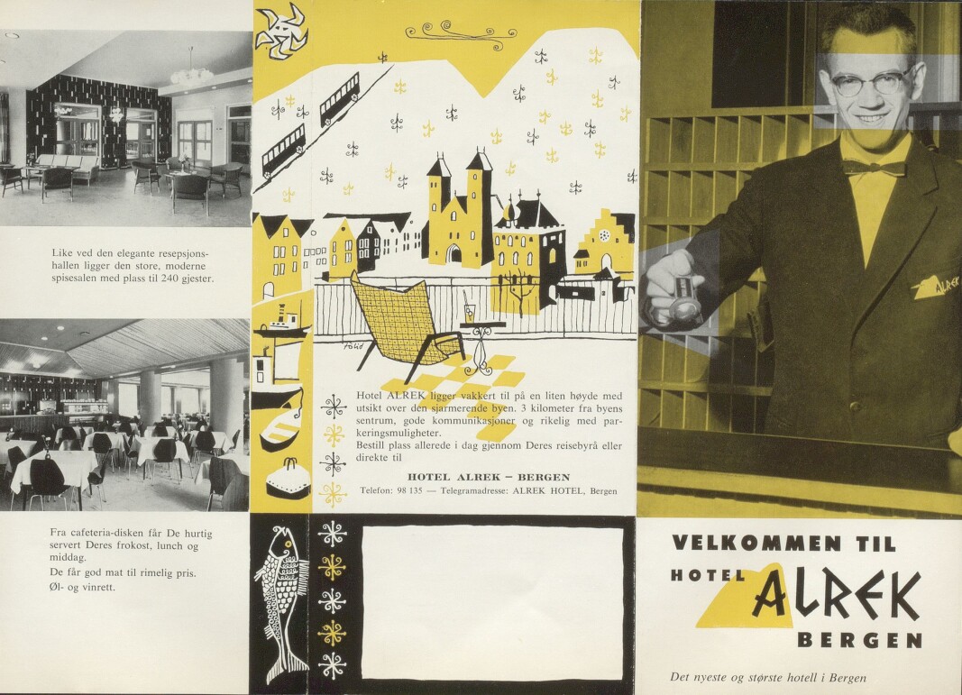 Alrek fungerte som hotell i sommermånedene, og på reklamen som ble trykket opp ble det poengtert at hjemmet hadde en elegant resepsjon, en flott mathall, rimelige priser og en gunstig plassering i forhold til Bergen by. Kilde: Ms 2177 Alrek Studenthjem. Alrek fungerte som hotell i sommermånedene, og på reklamen som ble trykket opp ble det poengtert at hjemmet hadde en elegant resepsjon, en flott mathall, rimelige priser og en gunstig plassering i forhold til Bergen by. Kilde: Ms 2177 Alrek Studenthjem.