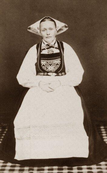 "Kvinne fra Voss" av Johanna Bergström Skagen. Visittkortportrett. 13. Juni, 1878. Visitkortportrettet er fremkaldt på albumin papir. Albuminpositivet ble den mest utbredte fotografiske prentteknikk i årene 1850-1900. "Kvinne fra Voss" av Johanna Bergström Skagen. Visittkortportrett. 13. Juni, 1878. Visitkortportrettet er fremkaldt på albumin papir. Albuminpositivet ble den mest utbredte fotografiske prentteknikk i årene 1850-1900.