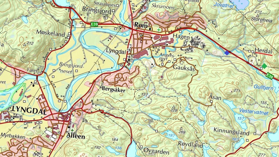 Oversiktskart for Lyngdal og auststover. Herdal er ytst til høgre med raud understreking. Den grøne firkanten markerer Raunesteinslia, og den blå firkanten staden der Slaget ligg.