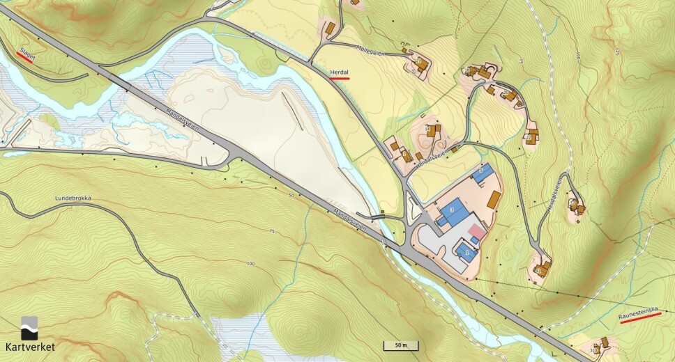 Detaljekart for Herdal. I midten ligg Herdal, med Raunesteinslia nedst i det høgre hjørnet og Slaget i det øvste venstre hjørnet.