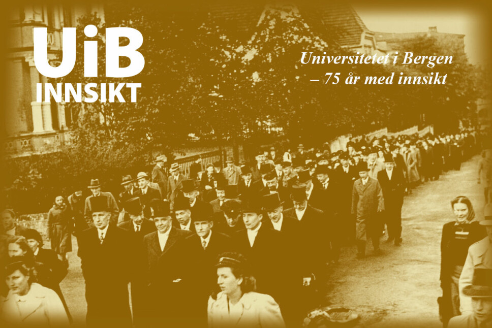 Akademisk prosesjon ved grunnstensnedleggelsen til Universitetet i Bergen i 1946.