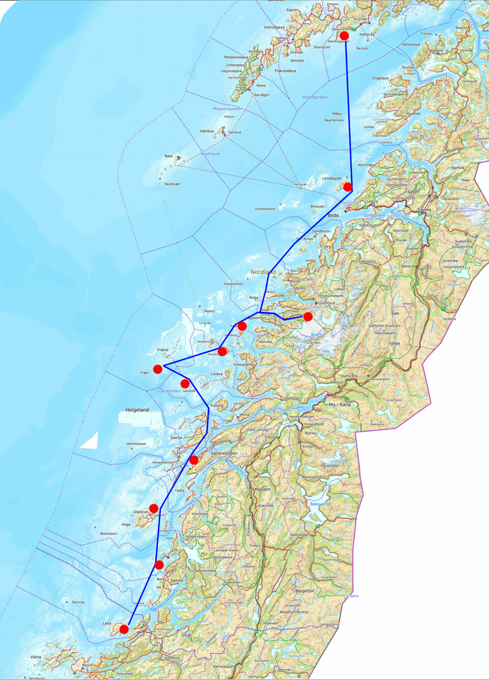 Leka-Vågakallen, en rute gjennom Helgelandskysten illustrert med bilder fra Billedsamlingen.