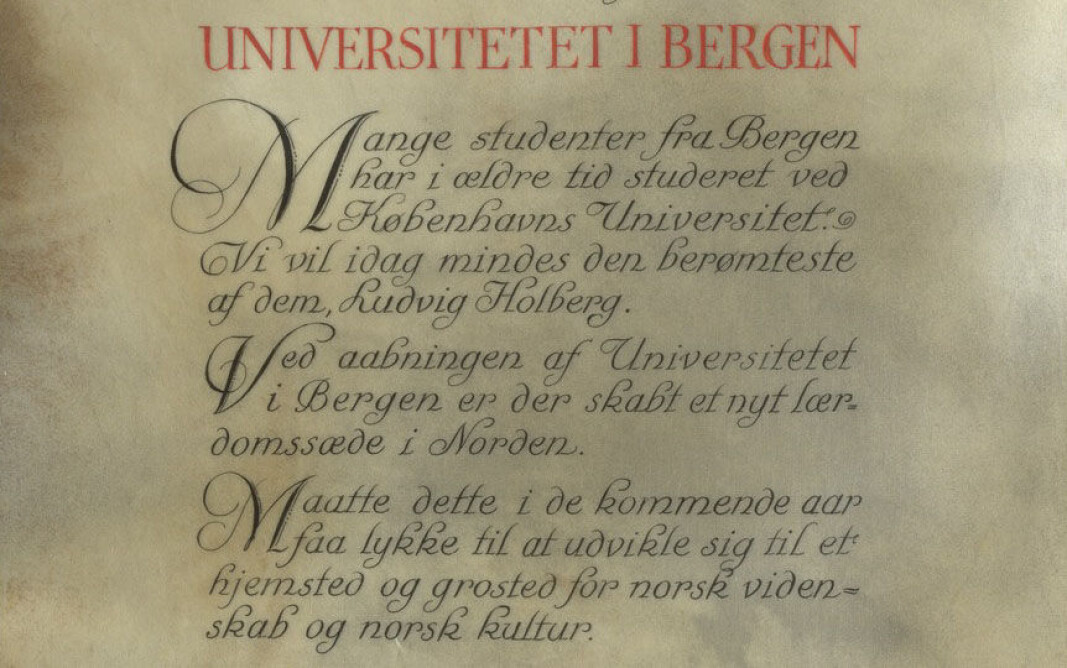 Utsnitt fra gratulasjonsbrevet UiB mottok fra Københavns Universitet. Utsnitt fra gratulasjonsbrevet UiB mottok fra Københavns Universitet.