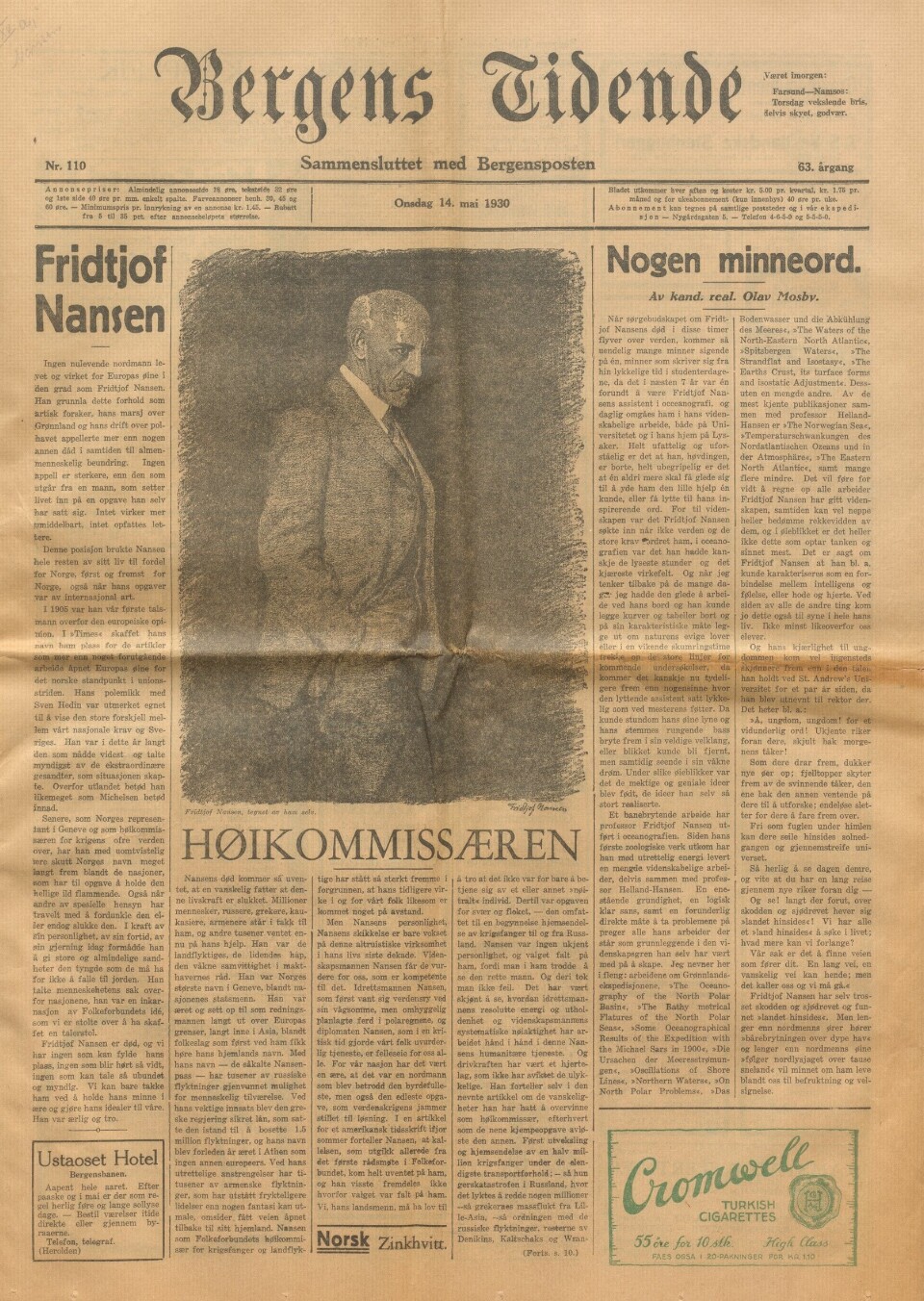 Fremsiden av Bergens Tidende onsdag 14. mai 1930, dagen etter Nansens dødsfall. Da var det blant annet hans arbeid for flyktninger som sto i fokus.