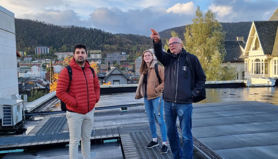 Fra venstre: Reber Saley, Stine Lise Sørevik og Steinar Sundberg undersøker forholdene på taket av Studentsenteret. Fra venstre: Reber Saley, Stine Lise Sørevik og Steinar Sundberg undersøker forholdene på taket av Studentsenteret.