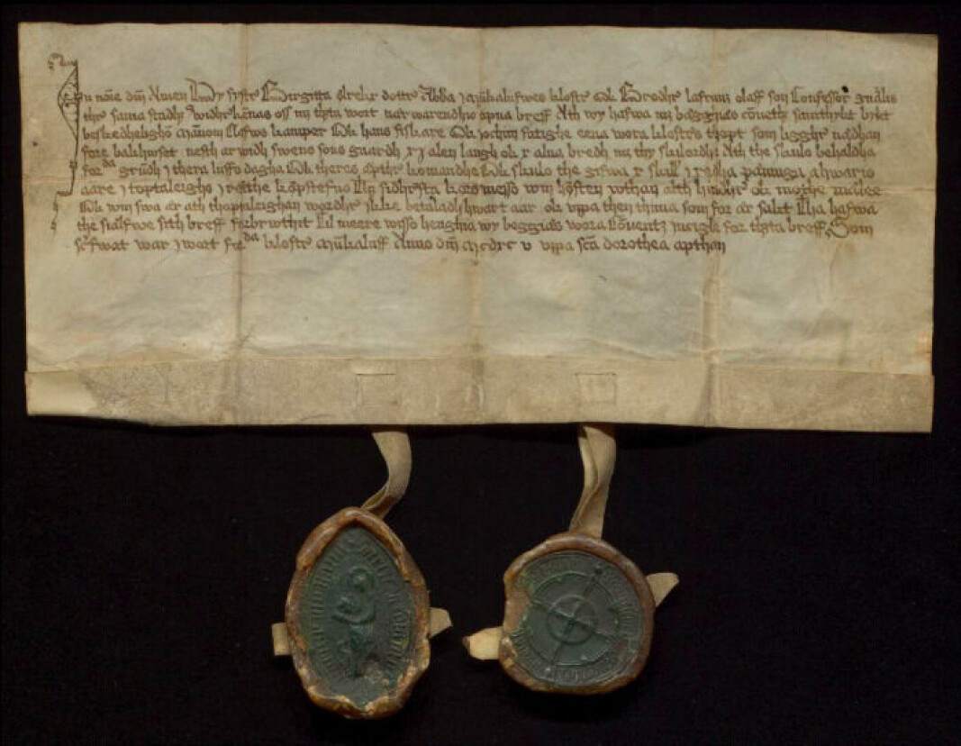 Fremsiden (recto) av diplom datert 5. februar 1495. Underskrevet av abbedisse Birgitte i Munkeliv kloster med påhengende flotte vitnesegl. Fremsiden (recto) av diplom datert 5. februar 1495. Underskrevet av abbedisse Birgitte i Munkeliv kloster med påhengende flotte vitnesegl.