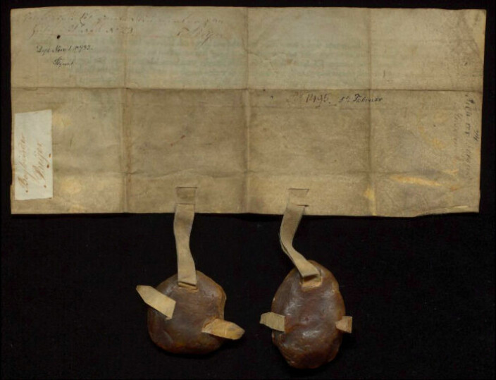 Baksiden (verso) av diplomet fra 1495. Det har ingen tekst fra middelalderen, men signaturer fra registreringen gjort ved Bergen museum.