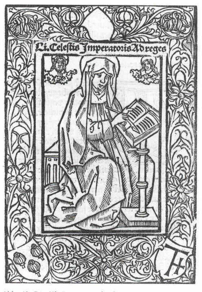 Tresnitt av den hellige Birgitte fra <span class=" italic" data-lab-italic_desktop="italic">Sunte Birgitten Openbaringe</span>, trykt av Hans van Ghetelen (1496).