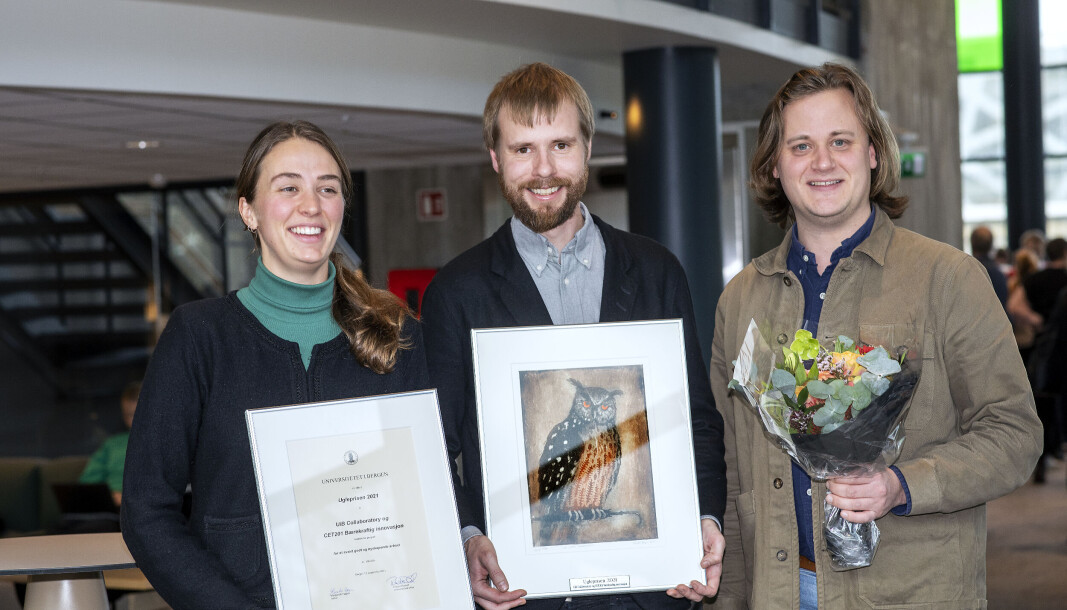UiB Collaboratory er vinnerne av årets Uglepris. Fra venstre: Ronya Reitan Solberg (studentkoordinator ved UiB Collaboratory), Jakob Olof Grandin (leder for UiB Collaboratory) og Johan Elfving (masterstudent i sampol og tidligere studentkoordinator ved UiB Collaboratory). UiB Collaboratory er vinnerne av årets Uglepris. Fra venstre: Ronya Reitan Solberg (studentkoordinator ved UiB Collaboratory), Jakob Olof Grandin (leder for UiB Collaboratory) og Johan Elfving (masterstudent i sampol og tidligere studentkoordinator ved UiB Collaboratory).