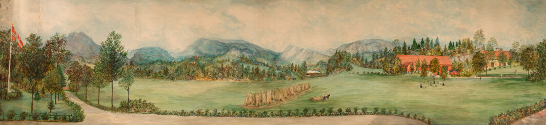 Krohns panorama-akvarell fra 1897. Bildet har en størrelse på 50x221 cm. Her er mange små detaljer tegnet inn, alt fra gårdsarbeidere, til toget på Osbanen i midten av bildet. Muligens et av de tre akvarellene Krohn stilte ut hos Bergen Kunstforening i 1898, med temaet jordbruket Krohns panorama-akvarell fra 1897. Bildet har en størrelse på 50x221 cm. Her er mange små detaljer tegnet inn, alt fra gårdsarbeidere, til toget på Osbanen i midten av bildet. Muligens et av de tre akvarellene Krohn stilte ut hos Bergen Kunstforening i 1898, med temaet jordbruket