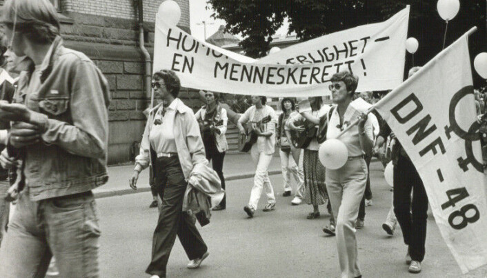 Wenche Lowzow (t.v.) og Kim Friele under Homodagene i Oslo i 1982.