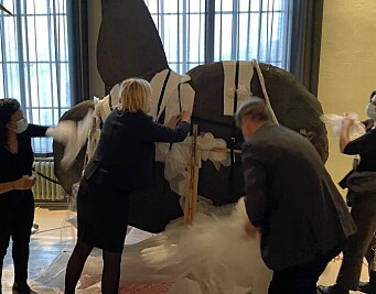 Rektor Margareth Hagen og assisterende universitetsdirektør Tore Tungodden pakker opp Norges største gave på Universitetsmuseet. Rektor Margareth Hagen og assisterende universitetsdirektør Tore Tungodden pakker opp Norges største gave på Universitetsmuseet.