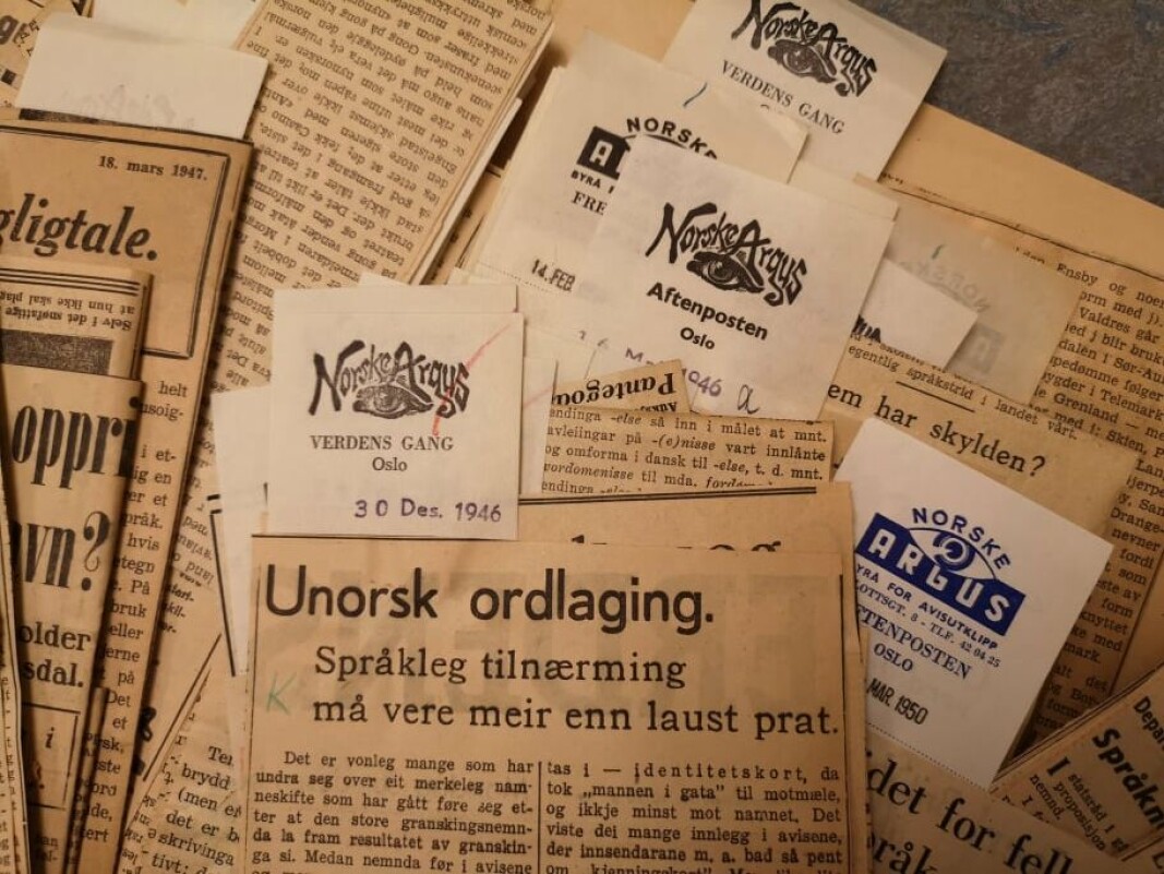 Norske Argus bidro med materiale fra begynnelsen av 1930-tallet og helt til slutten 1980-tallet. Disse utklippene er fra debatten om samnorsk, som var høyst aktuell i etterkrigstiden. Norske Argus bidro med materiale fra begynnelsen av 1930-tallet og helt til slutten 1980-tallet. Disse utklippene er fra debatten om samnorsk, som var høyst aktuell i etterkrigstiden.