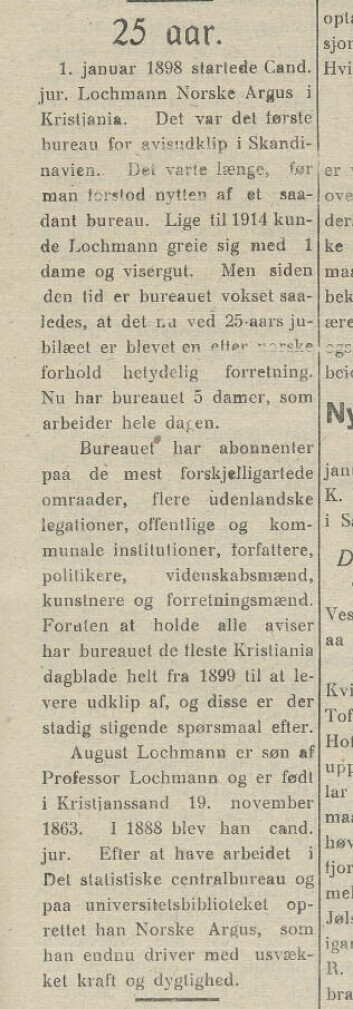 Dette er en reklame for Norske Argus i anledning deres 25-årsjubileum. Den er formet som en liten artikkel som ikke var uvanlig. Firda 3. januar, 1927.