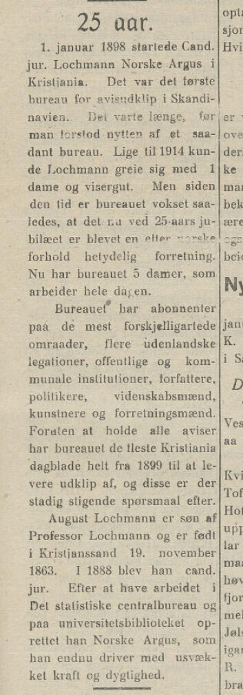 Dette er en reklame for Norske Argus i anledning deres 25-årsjubileum. Den er formet som en liten artikkel som ikke var uvanlig. Firda 3. januar, 1927. Dette er en reklame for Norske Argus i anledning deres 25-årsjubileum. Den er formet som en liten artikkel som ikke var uvanlig. Firda 3. januar, 1927.