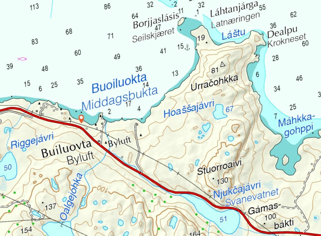 Udsnit fra et moderne kort fra Unjárga – Nesseby kommune med et flertal af nordsamiske stednavn. Bemærk til venstre i billedet navneparret Builuovta – Byluft omtalt i teksten.