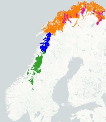 Områder med officielt normerede tosproglige stednavne. Grønt angiver sørsamisk-norske paralleller, blåt lulesamiske-norske parallelnavne, orange nordsamiske-norske eksempler og cyan for kvensk-norske navnepar.