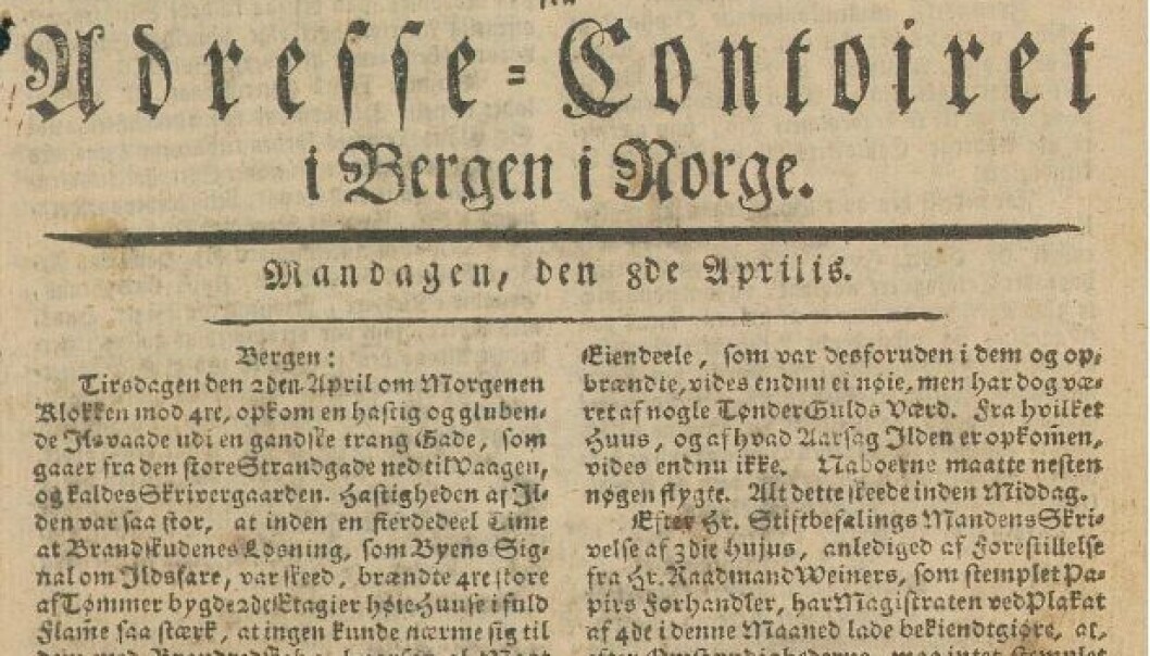 Bergensavisen Efterretninger fra Adresse-Contoiret i Bergen, rapporterte mandag 8. april om den tragiske påskebrannen. Bergensavisen Efterretninger fra Adresse-Contoiret i Bergen, rapporterte mandag 8. april om den tragiske påskebrannen.