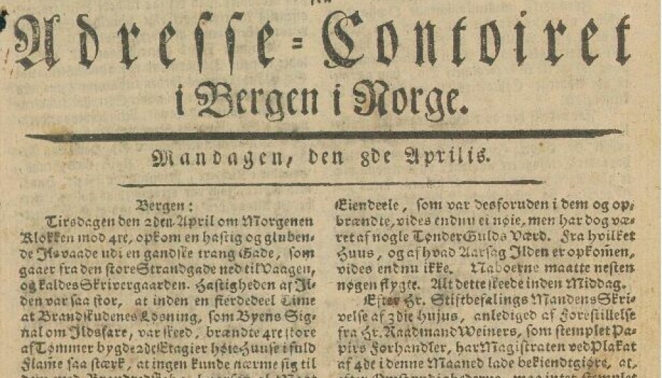 Bergensavisen Efterretninger fra Adresse-Contoiret i Bergen, rapporterte mandag 8. april om den tragiske påskebrannen.