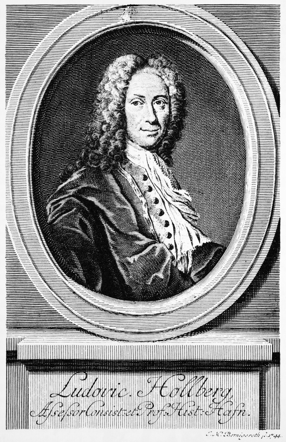 Holberg som fremstilt i Moralische Gedanken fra 1744. Dette skal etter sigende være det portrettet som ligner mest på forfatteren. Kilde: Universitetsbiblioteket i Bergen.