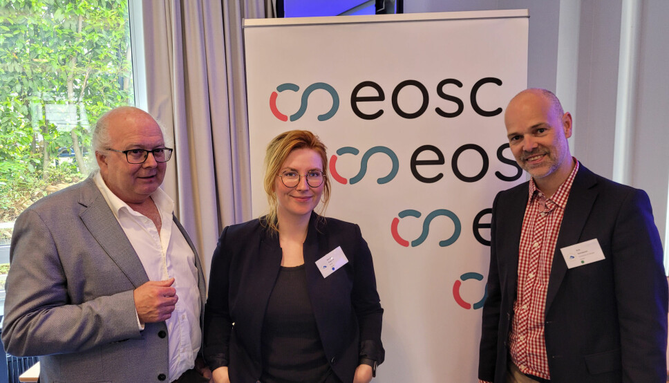 Forskningsrådets delegater til EOSC GA Odd Ivar Eriksen og Nenitha Charlotte Dagslott og Erik Sandquist som deltok som gjest for UiB.