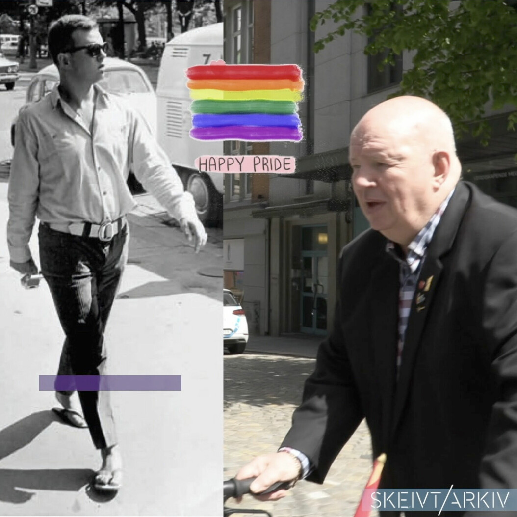 Til venstre: Kenneth Brophy i 1972. 17. mai dette året skapte han historie ved å demonstrere for homofiles rettigheter, som den første i Norge. På bilde til høyre er han tilbake på samme sted, nesten 50 år senere.