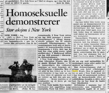 Nyhetene om at det hadde vært demonstrasjoner flere steder i USA for å markere ettårsdagen for Stonewall, kom også til Norge. Dette på en tid da det ikke var vanlig å lese om homoseksuelle i norske aviser. Nyhetene om at det hadde vært demonstrasjoner flere steder i USA for å markere ettårsdagen for Stonewall, kom også til Norge. Dette på en tid da det ikke var vanlig å lese om homoseksuelle i norske aviser.