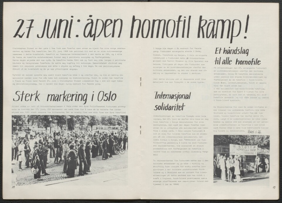 1974: Første gang Stonewall ble markert i Norge. 250 mennesker samlet seg på Universitetsplassen i Oslo. Faksimile fra Fritt Fram, nr. 1 (1974).