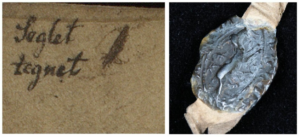 Segldokumentasjon på verso-siden av et diplom fra 21. februar 1314 med det digitaliserte seglet fra segl-databasen.